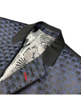 NEW Maczoo Men's Socrate 2-Button Blazer Blue/Black Skulls • 42R